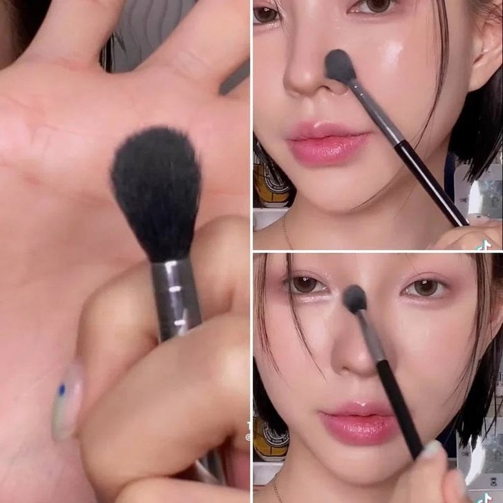 Khi dùng chổi quét đường viền lên mặt, thay đổi độ tiếp xúc của đầu cọ với da để có đầu cọ lớn hơn một chút và chọn màu sáng của đường viền. Sau đó quét nhẹ nhàng theo chiều xiên lên trên và quét nhẹ nhàng dưới cánh mũi, từ đầu lông mày trở xuống. Và cuối cùng là quét nhẹ hình chữ thập trước sống mũi hoặc vùng giữa hai mắt.    