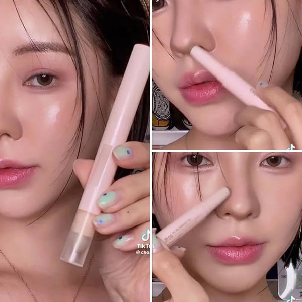 Lấy thanh tạo đường viền dạng que, sử dụng các màu không khác nhiều so với đường viền để mang lại để tăng độ rõ nét của bóng mũi một lần nữa. Sau đó, quét nhẹ dưới lông mày, sau đó lấy miếng bọt biển thấm hoặc gom lại vào đúng điểm thoa đường viền lúc trước.    