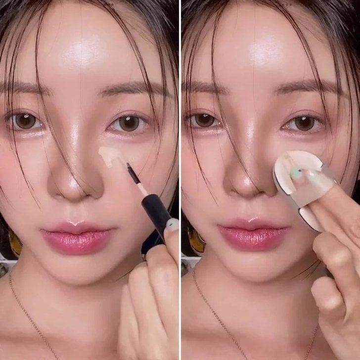 Sử dụng kem che khuyết điểm vừa tăng độ sáng lại vừa thêm bóng giúp phần tạo khối trông rõ ràng hơn. Hãy tán kem che khuyết điểm đều vùng dưới mắt hoặc đầu dưới mắt xuống sống mũi bằng rồi dùng mút trộn đều để hai bên tán đều một cách tự nhiên.    