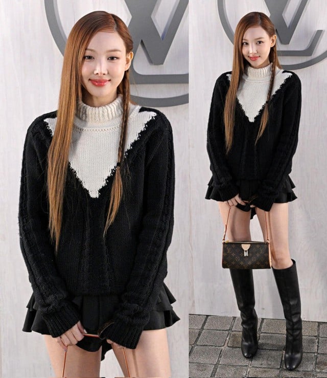 Nayeon (TWICE) để tóc tết nữ tính, hoàn thiện tạo hình với túi xách hoạ tiết monogram và boots cao cổ đen của nhà mốt    