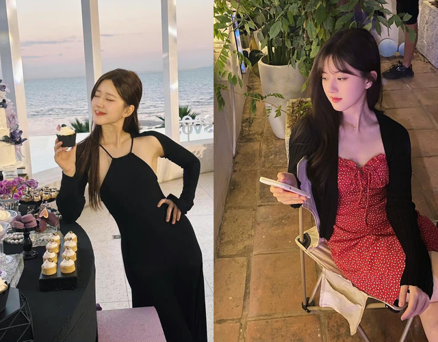 Khi diện váy hai dây, Triệu Lộ Tư có tips để lên đồ thanh lịch và vô cùng khéo léo. Cô thường khoác nhẹ một chiếc áo cardigan mỏng, vừa che bắp tay lại vừa bớt hở hang. Cách mặc này có tính ứng dụng cao.    