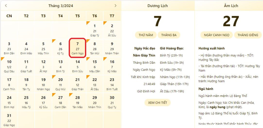 Xem giờ tốt xấu ngày 7/3/2024, xem lịch âm ngày 7/3/2024.
