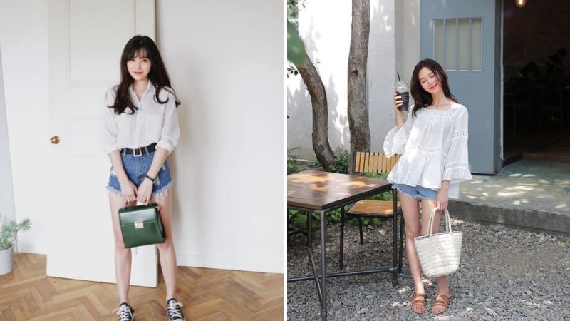 Giày thể thao là lựa chọn thích hợp phối với quần short jeans và áo trắng