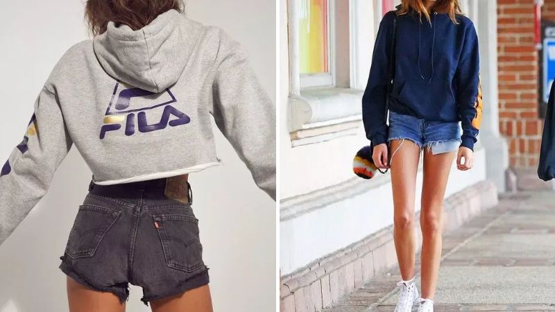Phối kiểu quần short jeans với áo hoodie hack chiều cao cực đỉnh