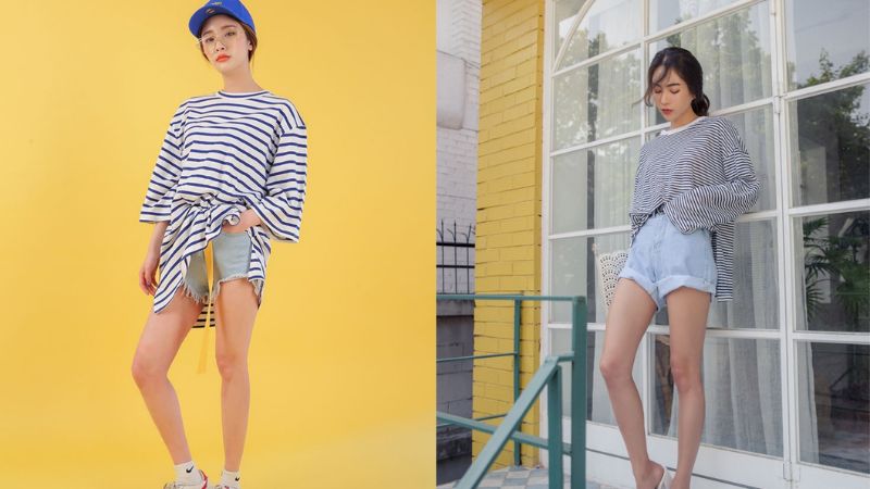 Áo thun dài tay kết hợp cùng quần short jeans sành điệu
