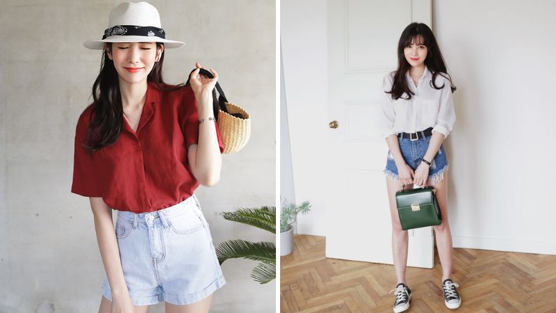 Áo sơ mi kết hợp với quần short jeans cá tính, thời trang