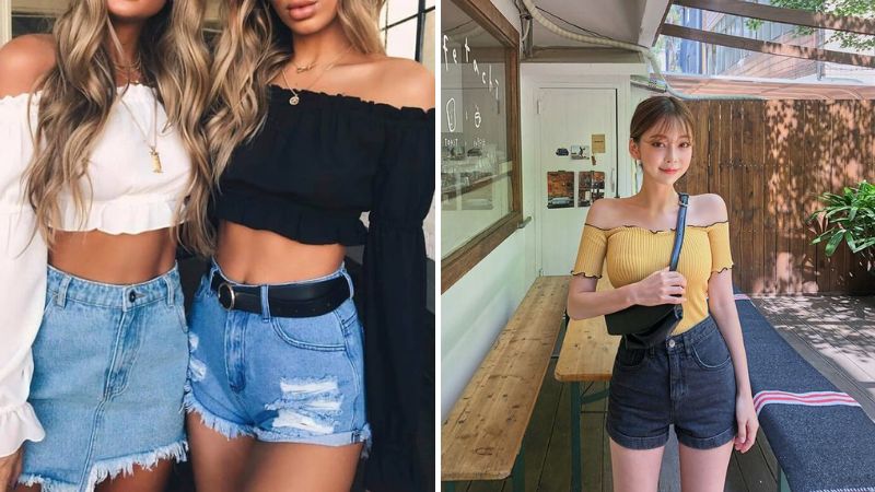 Short jeans mix với áo trễ vai giúp nàng khoe được bờ vai gợi cảm