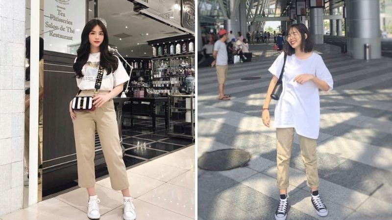 Áo thun form rộng phối cùng quần kaki nhẹ nhàng và thanh lịch