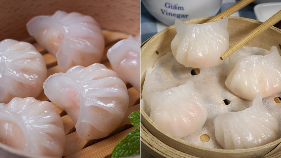 Vỏ há cảo làm bằng bột năng pha với bột gạo nên khi chín sẽ có màu trắng, hơi trong và có độ dai, dính.