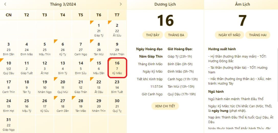 Xem lịch âm ngày 16/3/2024, xem giờ tốt xấu ngày 16/3/2024,  