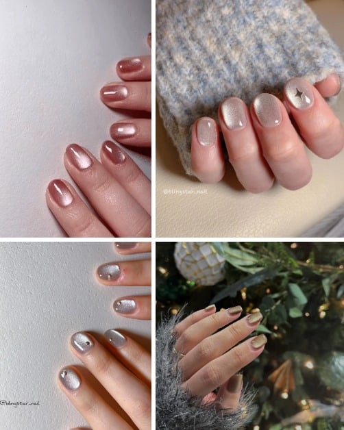 Móng mắt mèo có những sắc độ đậm, nhạt khác nhau. Nếu không thích móng trơn, bạn có thể gắn thêm phụ kiện, tuy nhiên chọn đính phụ kiện cực đơn giản thôi nhé vì cơ bản màu nail cũng lấp lánh lắm rồi.     