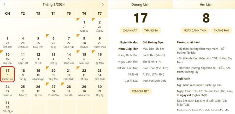 Xem lịch âm ngày 17/3/2024, xem giờ tốt xấu ngày 17/3/2024.