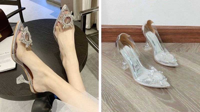 Giày cao gót trong suốt đính đá