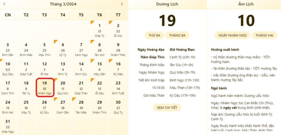 Xem lịch âm ngày 19/3/2024, xem giờ tốt xấu ngày 19/3/2024.