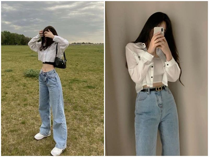 Áo sơ mi croptop cùng quần jeans ống loe giúp khoe dáng