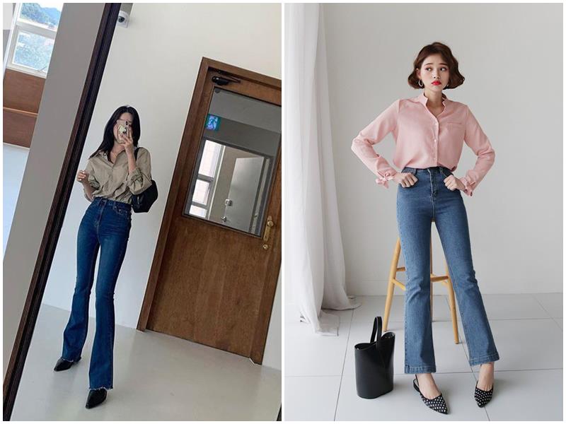 Phối quần jean ống loe mặc với áo sơ mi đơn giản     