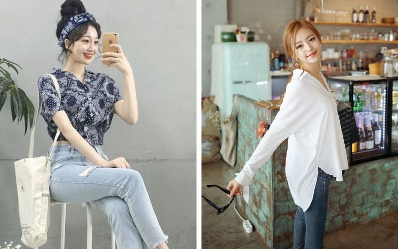 Quần jeans với áo sơ mi cách điệu