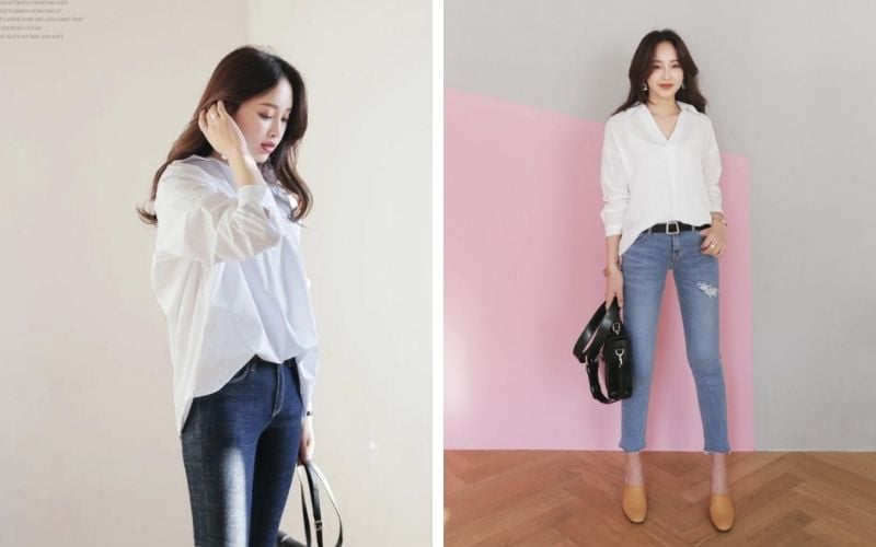 Sự kết hợp giữa sơ mi trắng và quần jeans