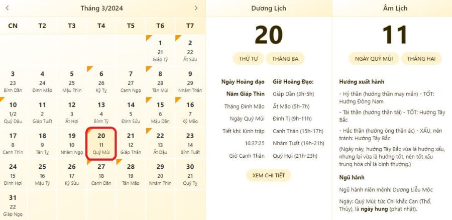 Xem lịch âm ngày 20/3/2024, xem giờ tốt xấu ngày 20/3/2024.