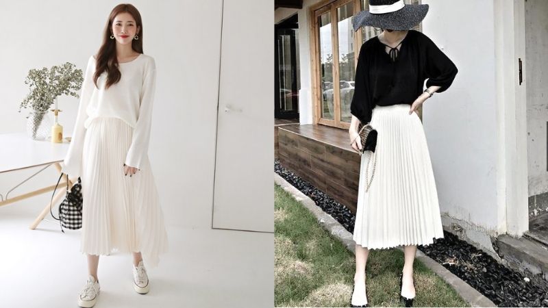Chân váy xếp ly phối với áo tay dài nhìn tinh tế và thanh lịch