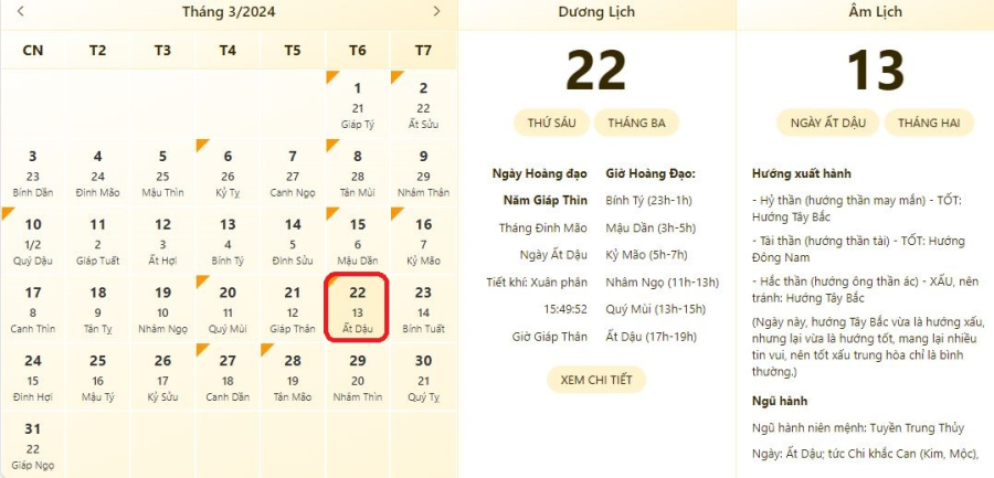 Xem lịch âm ngày 22/3/2024, xem giờ tốt xấu ngày 22/3/2024.