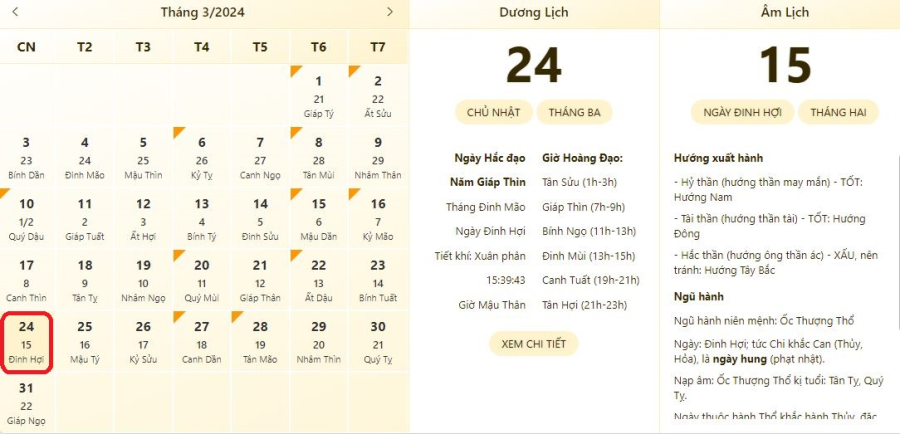 Xem lịch âm ngày 24/3/2024, xem giờ tốt xấu ngày 24/3/2024.