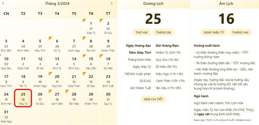 Xem lịch âm ngày 25/3/2024, xem giờ tốt xấu ngày 25/3/2024.