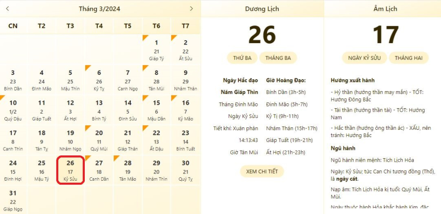 Xem lịch âm ngày 26/3/2024, xem giờ tốt xấu ngày 26/3/2024.