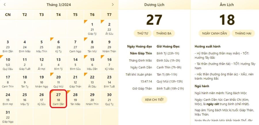 Xem lịch âm ngày 27/3/2024, xem giờ tốt xấu ngày 27/3/2024.