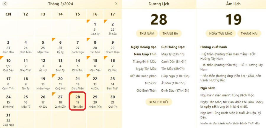 Xem lịch âm ngày 28/3/2024, xem giờ tốt xấu ngày 28/3/2024.
