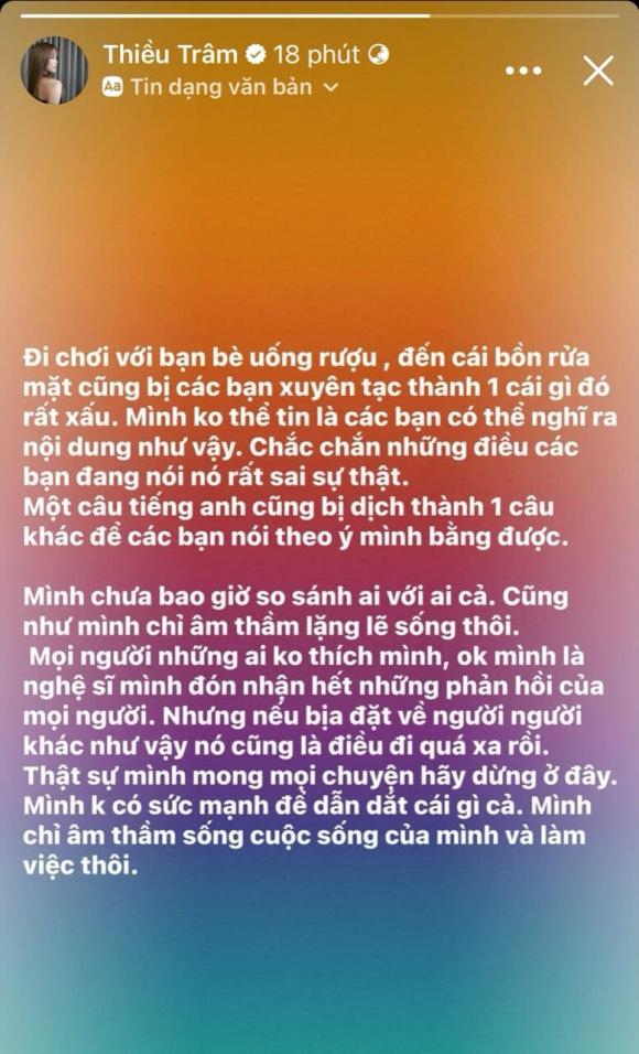 Những ngày qua, thông tin Thiều Bảo Trâm đã có bạn trai mới gây chú ý. Không chỉ vậy dân tình còn liên tục lan truyền hình ảnh được cho là bạn trai Thiều Bảo Trâm sử dụng chất kích thích. Mới đây, Thiều Bảo Trâm đã có ngay động thái rõ ràng như muốn bảo vệ bạn trai tin đồn của mình. Cụ thể, cô chia sẻ: 