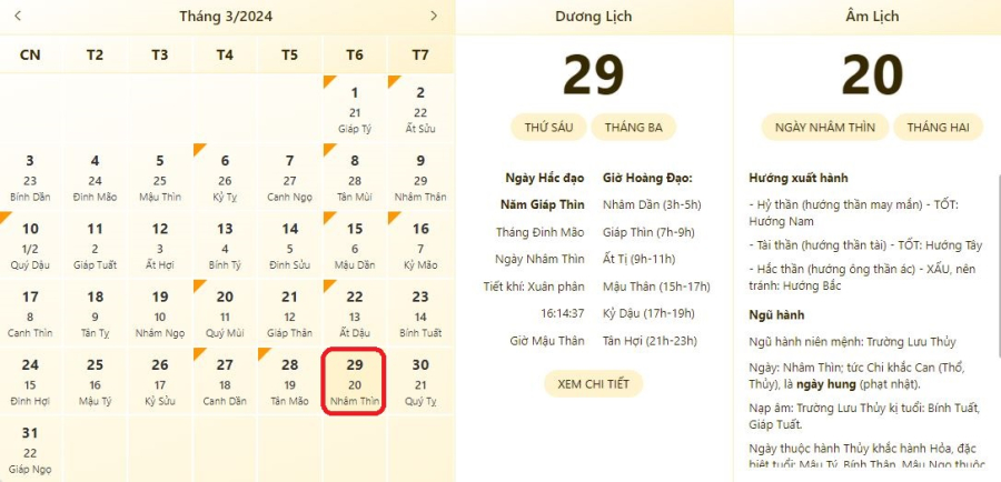 Xem lịch âm ngày 29/3/2024, xem giờ tốt xấu ngày 29/3/2024.