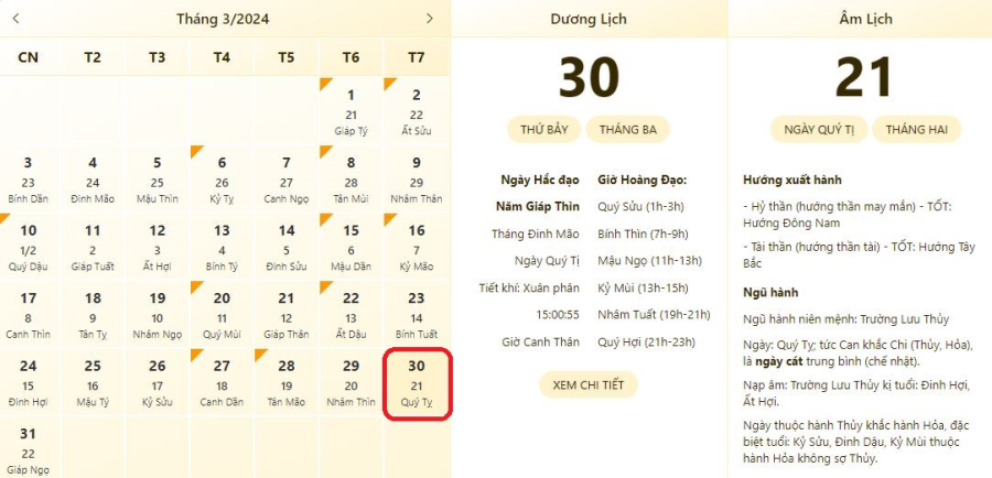 Xem lịch âm ngày 30/3/2024, xem giờ tốt xấu ngày 30/3/2024.