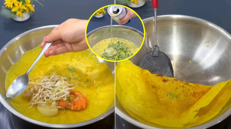 Khi đổ bánh thì bạn cần cho một lượng bột vừa phải tùy vào độ rộng của chảo, thường là khoảng 1 vá canh.