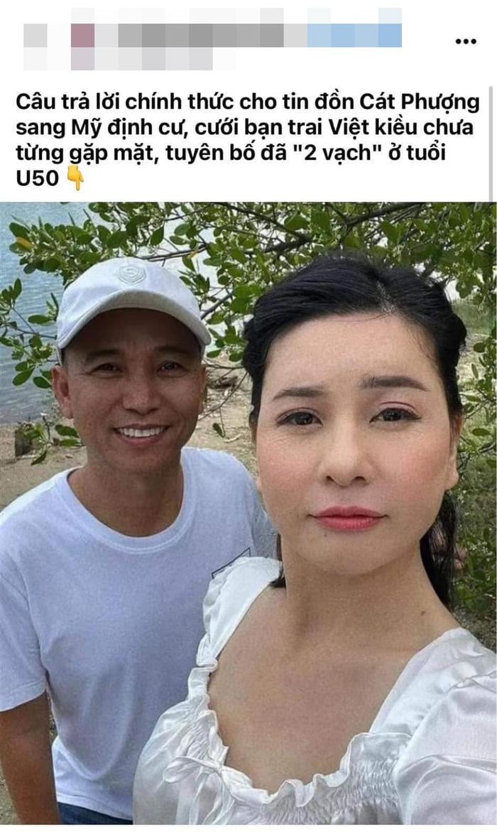 Vừa qua, một fanpage chia sẻ ảnh Cát Phượng với nhạc sĩ Tô Hiếu - người vướng ồn ào với nghệ sĩ Thương Tín và cho biết nữ nghệ sĩ sang Mỹ định cư, sinh con cho bạn trai Việt Kiều. Mới đây, Cát Phượng cho biết sẽ khởi kiện nếu như fanpage kể trên không gỡ bài đăng. 