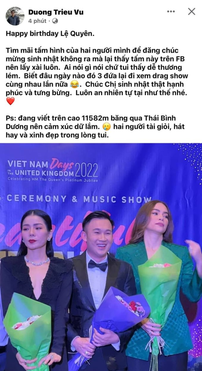 Dương Triệu Vũ đăng ảnh chúc mừng sinh nhật Lệ Quyên, kèm ảnh liên quan Hồ Ngọc Hà.