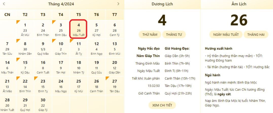 Xem lịch âm ngày 4/4/2024, xem giờ tốt xấu ngày 4/4/2024.