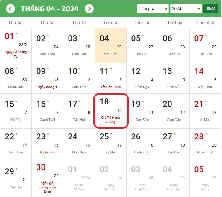 Giỗ tổ Hùng Vương 10/3 âm lịch năm 2024 là thứ Năm ngày 18/4 dương lịch.