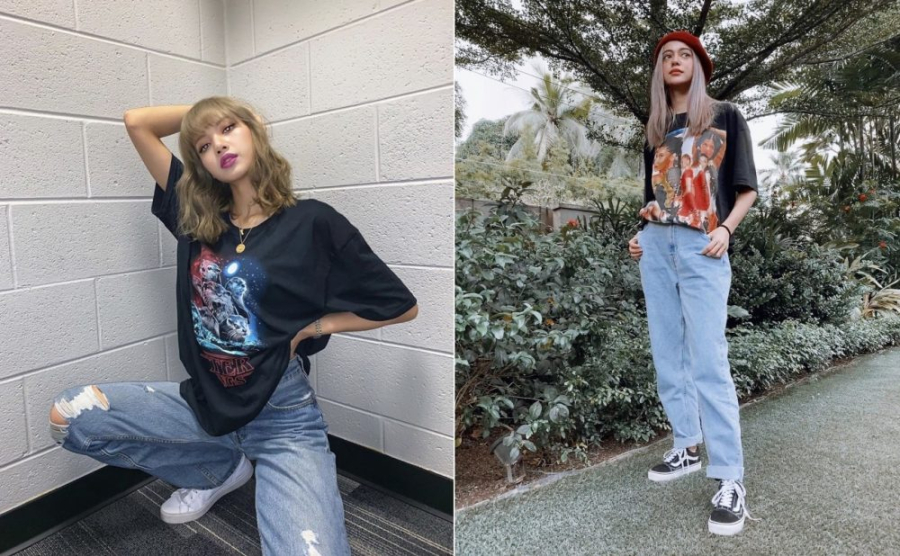 Áo phông chữ và quần jeans là một sự lựa chọn đơn giản mà vẫn phong cách