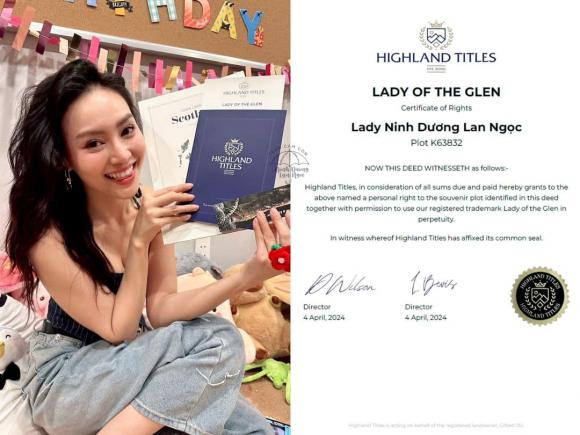 Mới đây, Lan Ngọc gây chú ý khi được một người mua hẳn một miếng đất tại Scotland để tặng cho cô trong ngày sinh nhật. Song song đó, Lan Ngọc cũng hạnh phúc viết: 