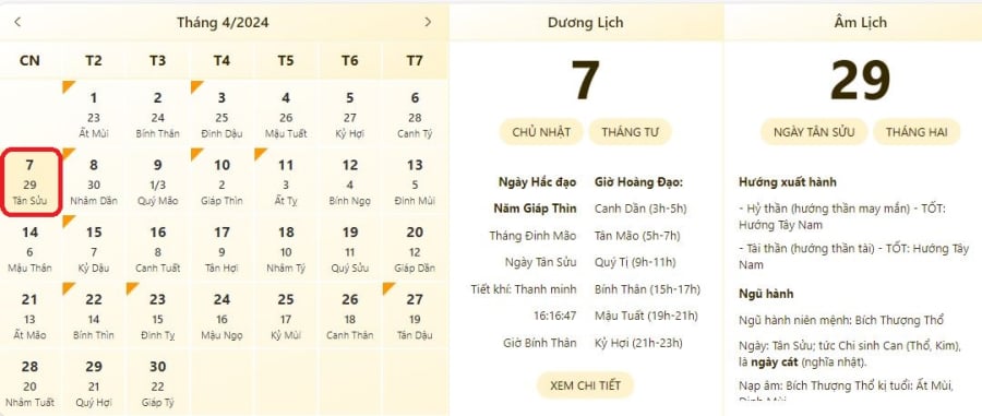 Xem lịch âm ngày 7/4/2024, xem giờ tốt xấu ngày 7/4/2024.