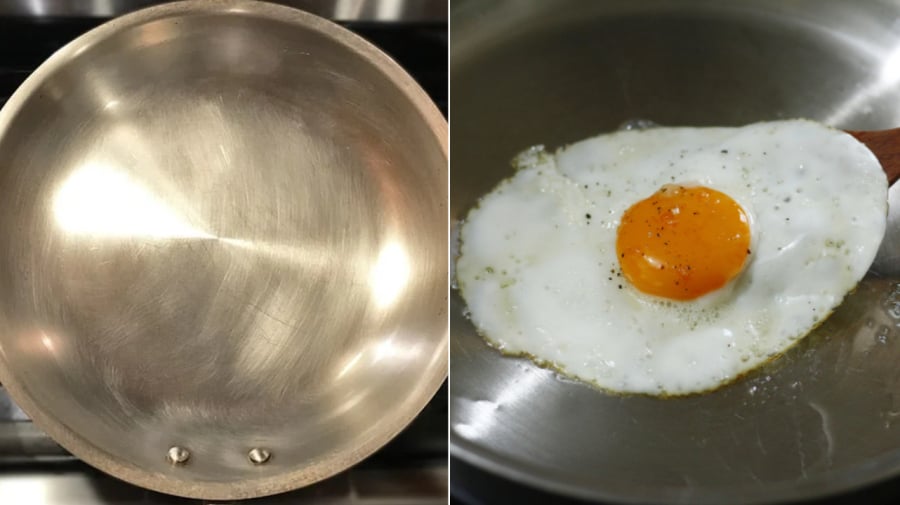 Bạn có thể dùng chảo inox để chiên rán mà không sợ thực phẩm bị dính vào đáy chảo.