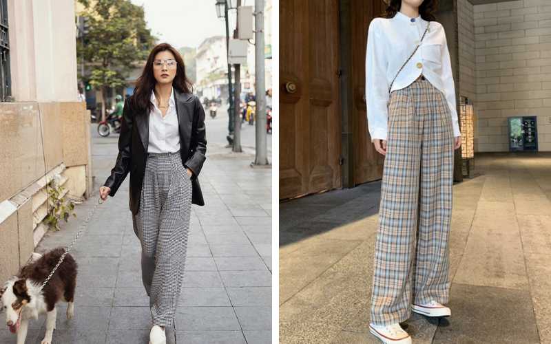 Kết hợp áo sơ mi nữ với quần caro ống rộng đơn giản nhưng không kém phần sang trọng, lịch sự.