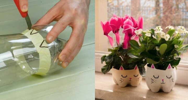 Bạn có thể cắt phần trên của chai và đặt sang một bên, sau đó cắt một miếng ở giữa chai và bỏ đi, lật ngược phần trên của chai và dán vào phần đáy của chai. 