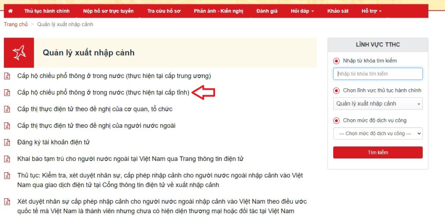 chọn Cấp hộ chiếu phổ thông ở trong nước (thực hiện tại cấp tỉnh).