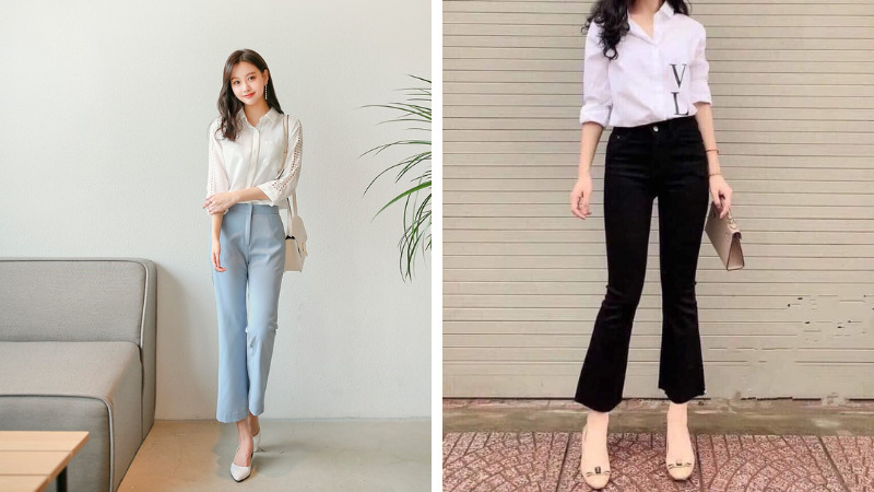 Quần jeans ống loe mix với sơ mi “hack” dáng cực chuẩn.