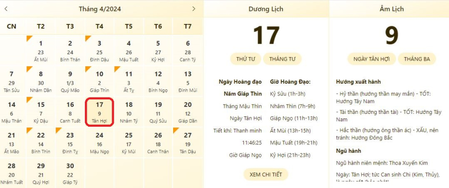 Xem lịch âm ngày 17/4/2024, xem giờ tốt xấu ngày 17/4/2024.