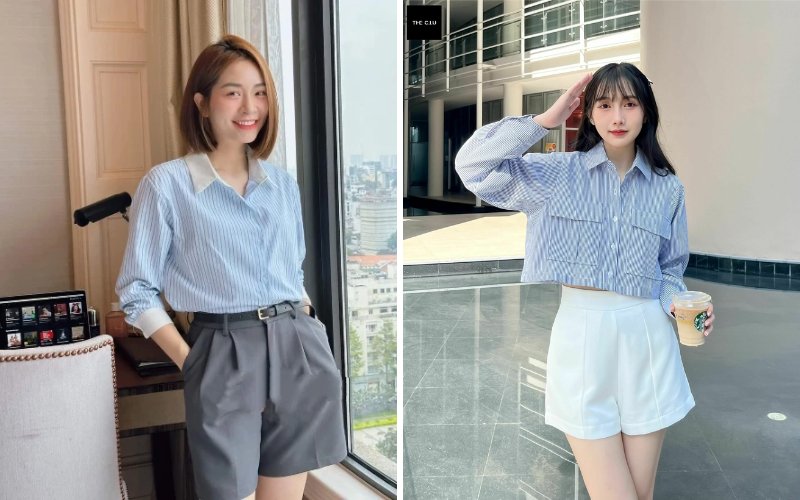  Quần short mix cùng áo sơ mi kẻ sọc là một cặp đôi khá hoàn hảo 