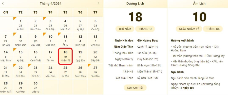 Xem lịch âm ngày 18/4/2024, xem giờ tốt xấu ngày 18/4/2024.