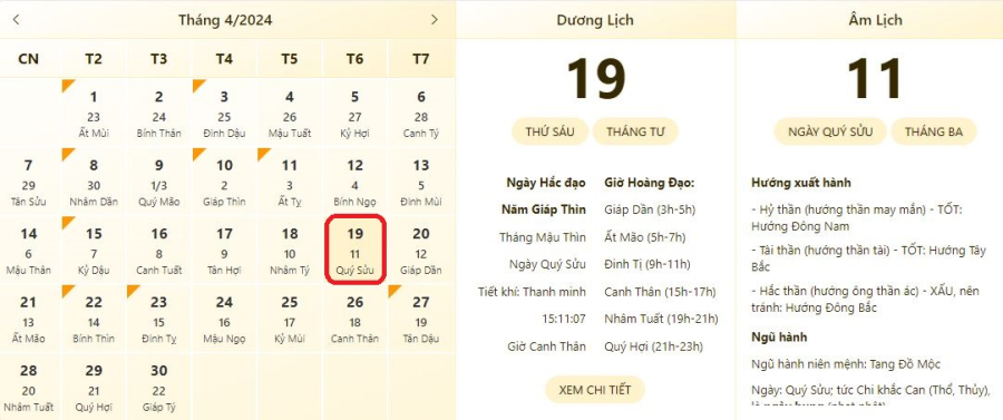 Xem lịch âm ngày 19/4/2024, xem giờ tốt xấu ngày 19/4/2024.